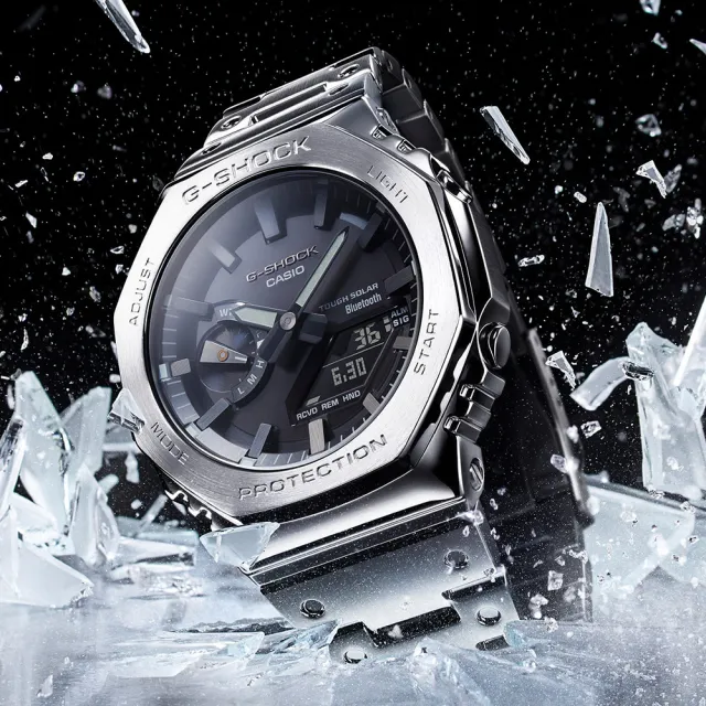 【CASIO 卡西歐】G-SHOCK 太陽能藍牙 金屬八角防護構造雙顯錶 禮物 開學(GM-B2100D-1A)