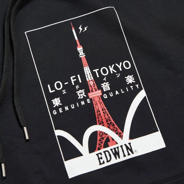 【EDWIN】男女裝 東京散策系列 東京音樂連帽長袖T恤(黑色)
