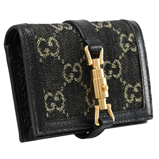 【GUCCI 古馳】Jackie 1961 經典雙G緹花布牛皮拼接扣式零錢短夾(黑邊)