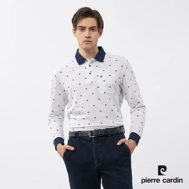 pierre cardin 皮爾卡登 商務休閒 男款 圓點點印花長袖POLO衫-白色(5235258-90)