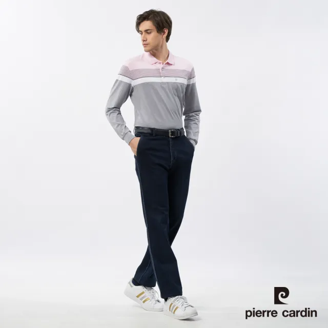 【pierre cardin 皮爾卡登】休閒服飾 男款 吸濕排汗定位橫條長袖POLO衫-粉色(5235251-75)