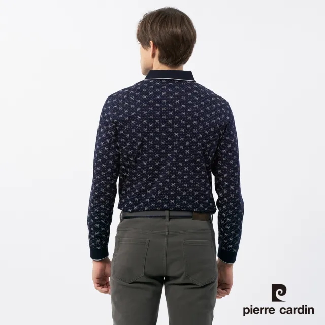 【pierre cardin 皮爾卡登】休閒服飾 男款 印花長袖POLO衫-深藍色(5235209-38)