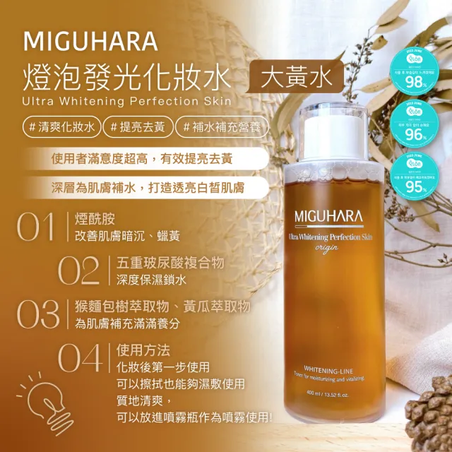 【韓國美膚】MIGUHARA 燈泡發光化妝水 400ML(大黃水 化妝水 濕敷 透亮 爽膚水 美白 熬夜 韓國)