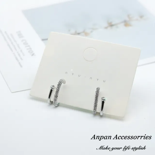 【Anpan】925銀針韓東大門輕奢鑲鑽高級感雙環耳環