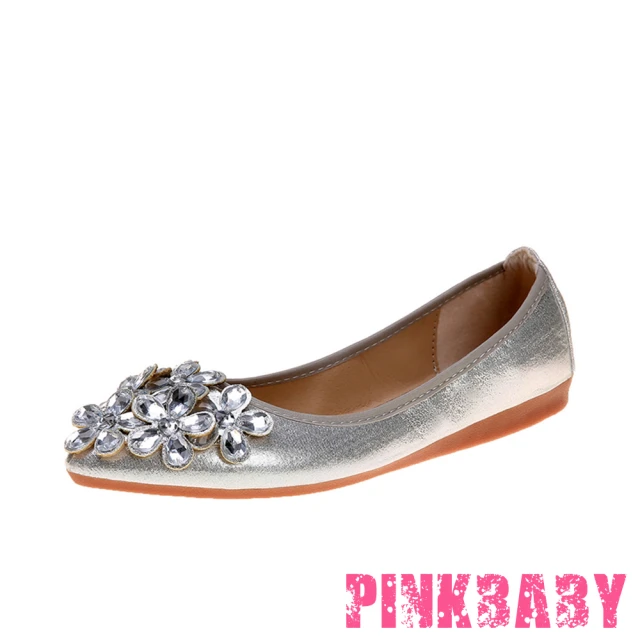 【PINKBABY】金屬亮皮立體鑽花造型尖頭低跟摺疊便鞋(銀)