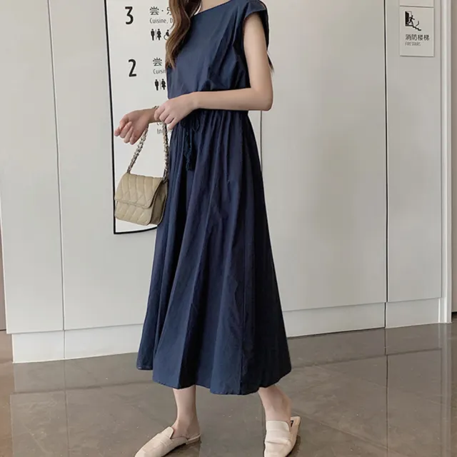 【LANNI 藍尼】★文青感可收腰寬鬆棉麻大裙擺連衣裙(連衣裙/短袖)