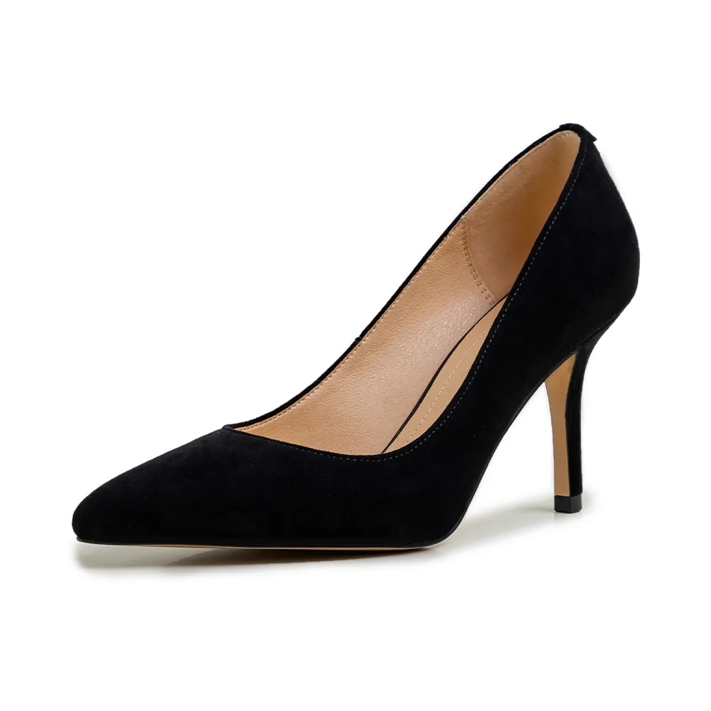 【KissXXX】真皮質感翻絨羊皮尖頭淺口經典高跟鞋(黑)