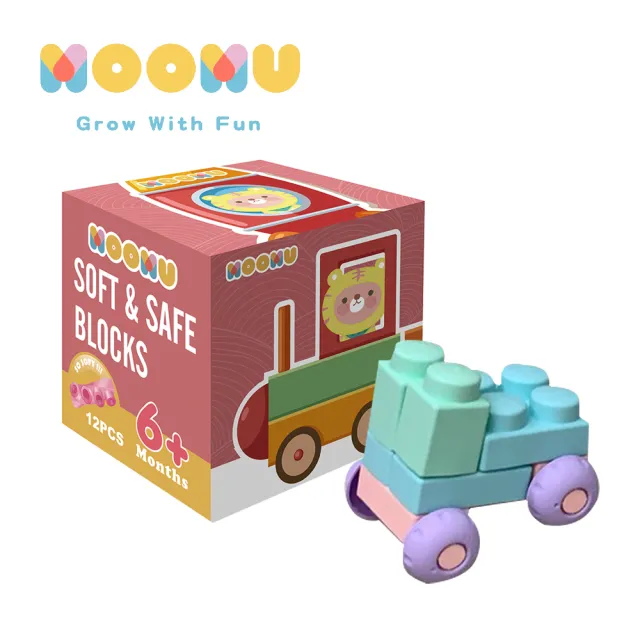 【MOOMU】馬卡龍香草軟積木 12 pcs 盒裝 2 入 造型組(小車+小狗)