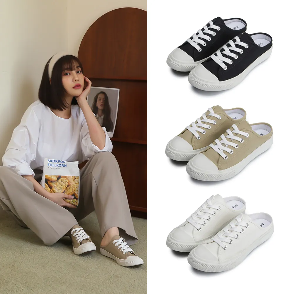 【FUFA Shoes 富發牌】輕鬆綁帶帆布穆勒鞋-黑/米/奶茶 1BM15(女鞋/帆布鞋/懶人鞋)