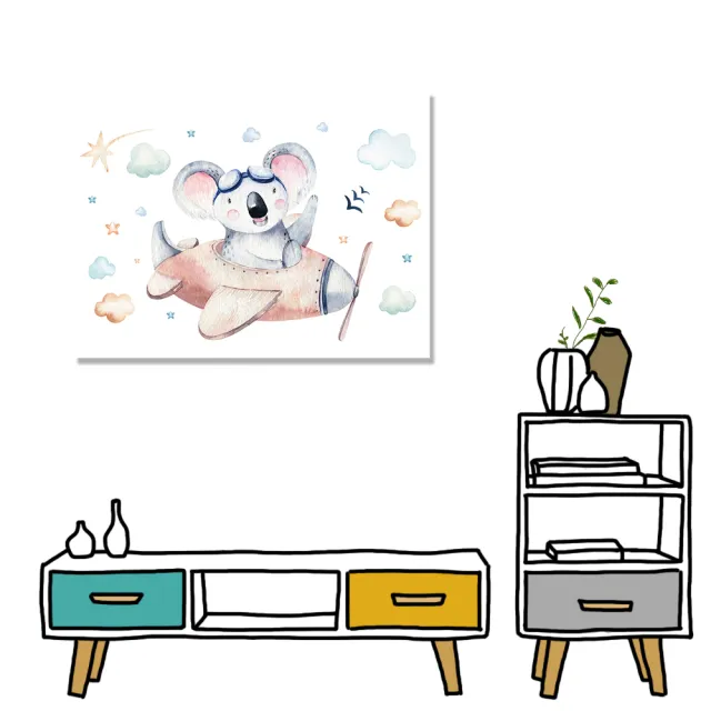 【24mama 掛畫】單聯式 橫幅 油畫布 手繪風  無尾熊 星星 雲朵 兒童房 無框畫-40x30cm(飛行無尾熊)