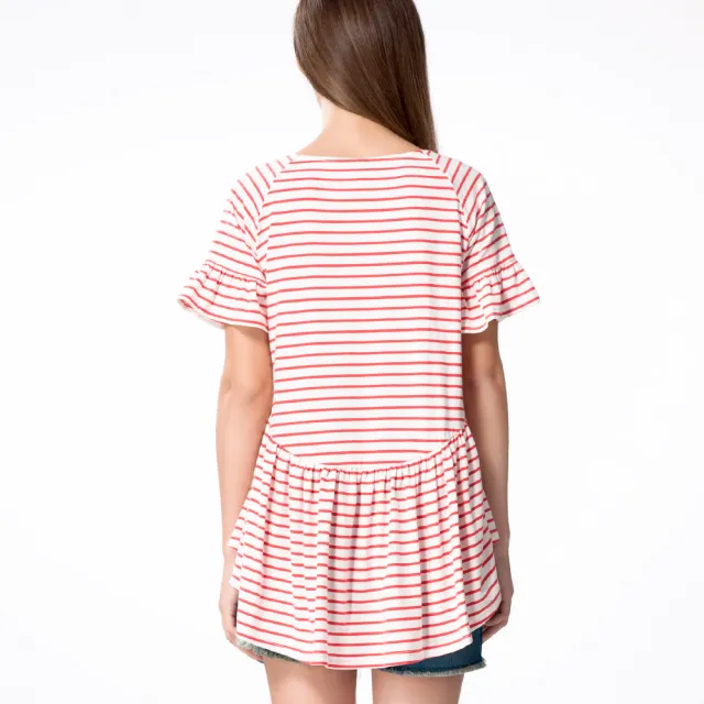 【Gennies 奇妮】條紋拼接荷葉袖上衣(紅白/藍白T3909)