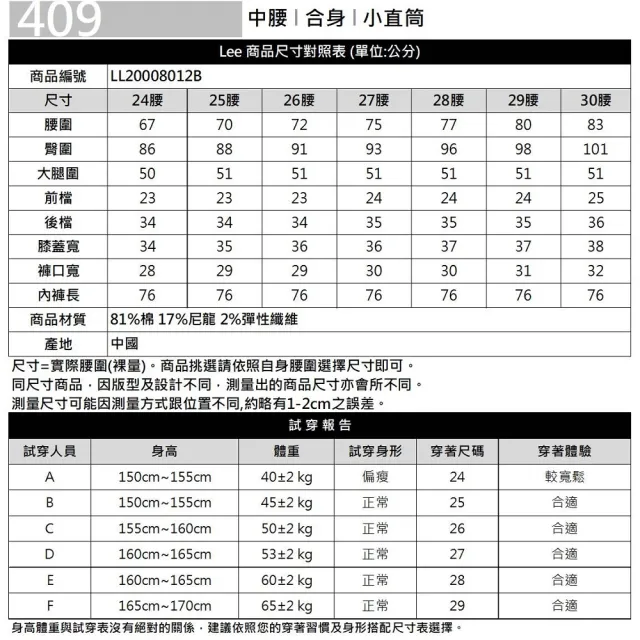 【Lee】出清品-女裝 牛仔褲 / 涼感 409 中腰合身小直筒 中藍洗水 / Jade Fusion 系列(LL20008012B)