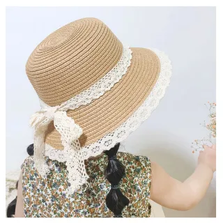 【OT SHOP】兒童帽子 紙草編織帽 遮陽帽 海灘帽 C5041(春夏潮流配件  米色 可愛緞帶蕾絲蝴蝶結  兒童帽)