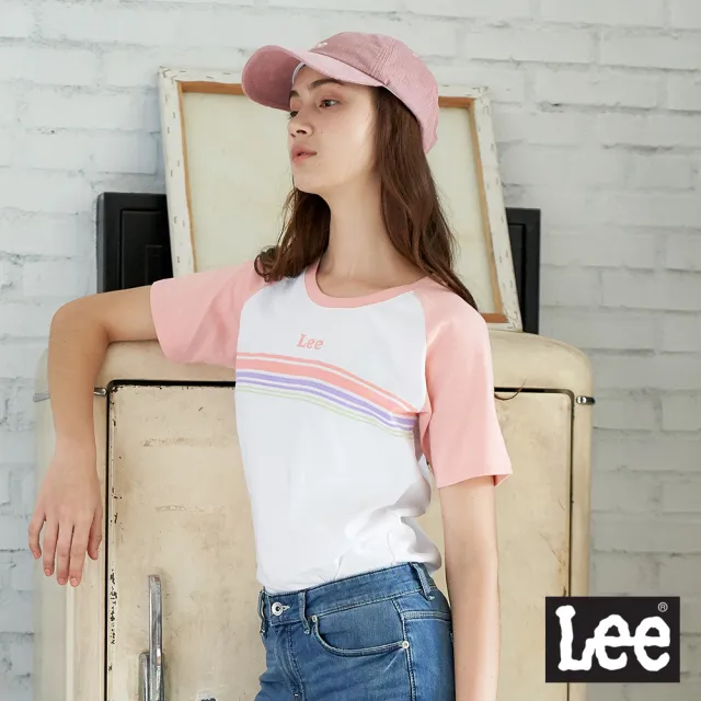 【Lee 官方旗艦】女裝 短袖T恤 / 撞色連袖 小LOGO 浪漫粉 標準版型(LL2001723XW)