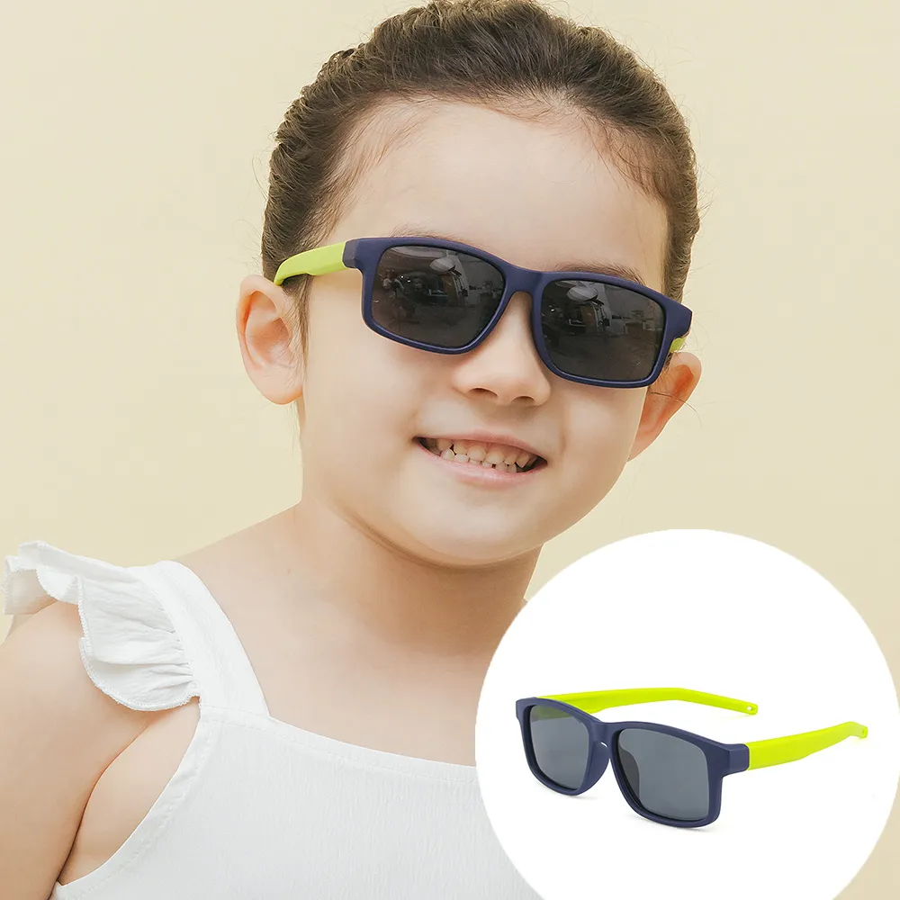 【ALEGANT】兒童專用普普風海軍藍綠拚色中性輕量彈性太陽眼鏡(時尚UV400百搭方框偏光墨鏡)