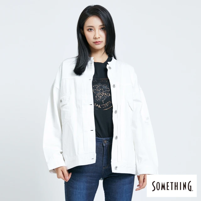 【SOMETHING】女裝 寬版小領台牛仔外套(白色)