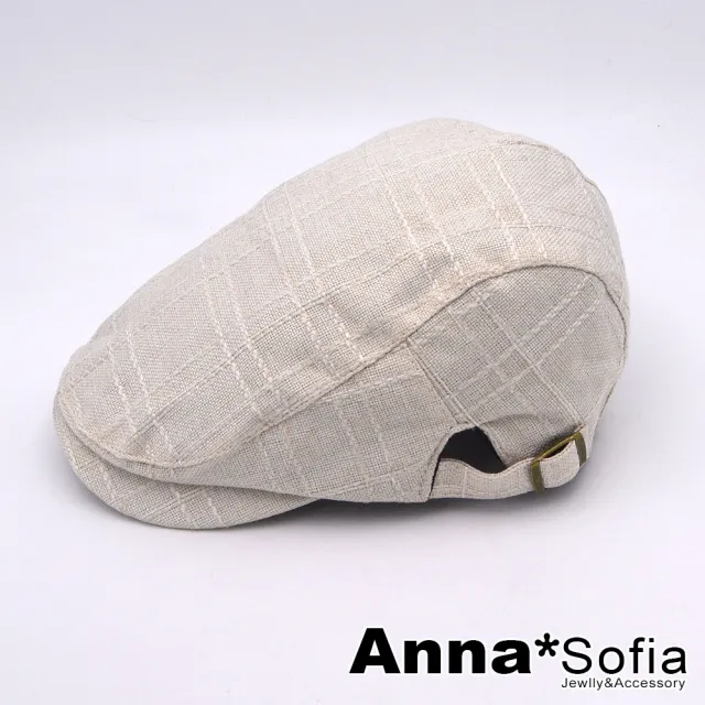 【AnnaSofia】鴨舌帽明星潮帽貝蕾帽狩獵帽報童帽小偷帽-氣質棉麻交錯格紋 現貨(米黃系)