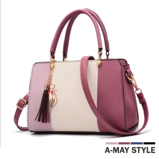 【Amay Style 艾美時尚】女包 手提包 優雅拼色貓咪吊飾手提肩背包(5色.預購)