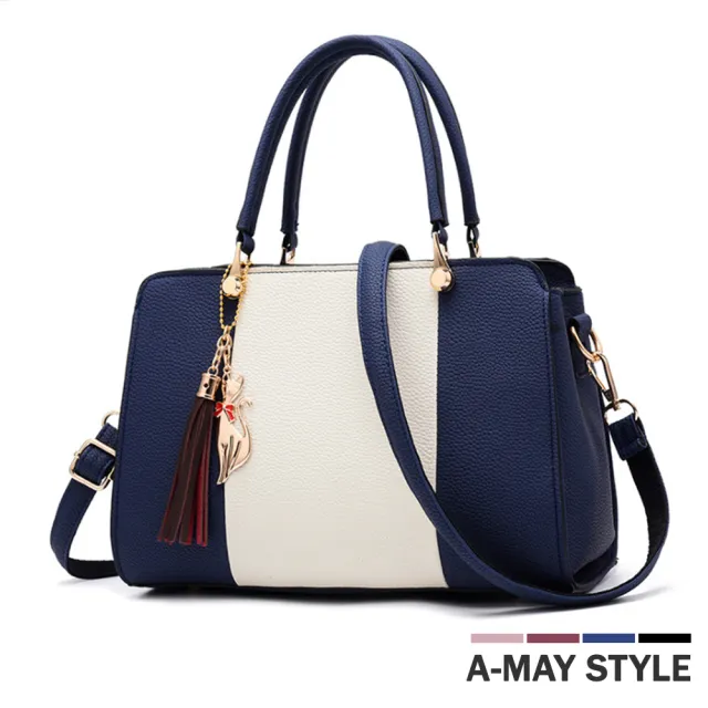【Amay Style 艾美時尚】女包 手提包 優雅拼色貓咪吊飾手提肩背包(5色.預購)