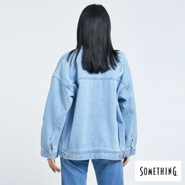 【SOMETHING】女裝 寬版小領台牛仔外套(漂淺藍)