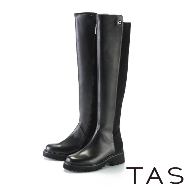 TAS 牛皮拼接彈力絨布厚底過膝靴(黑色)評價推薦