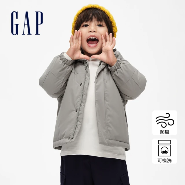 GAP 男幼童裝 Logo防風連帽羽絨外套-灰色(83658