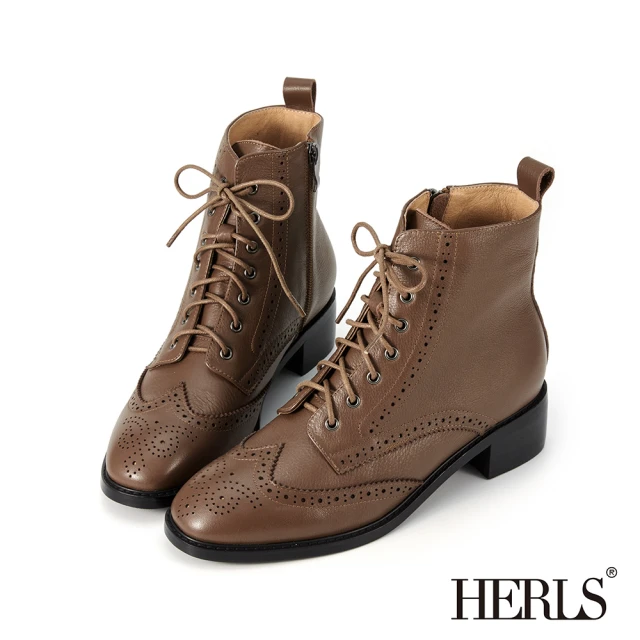 HERLSHERLS 短靴-牛皮翼紋雕花圓頭綁帶短靴軍靴(深棕色)