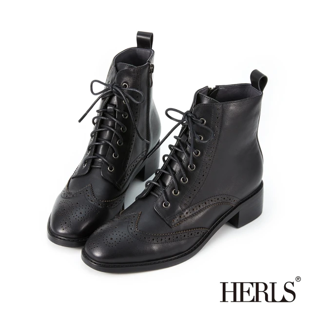 HERLSHERLS 短靴-牛皮翼紋雕花圓頭綁帶短靴軍靴(黑色)