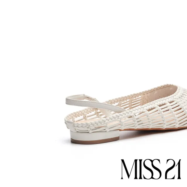 【MISS 21】慵懶手工風編織造型尖頭粗跟涼鞋(白)