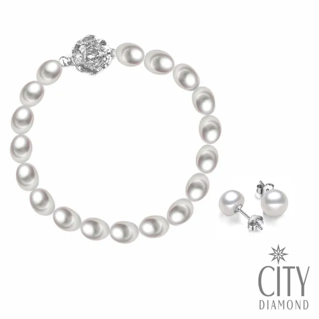 【City Diamond 引雅】天然珍珠 手鍊 耳環 套組(珠潤月詠系列)