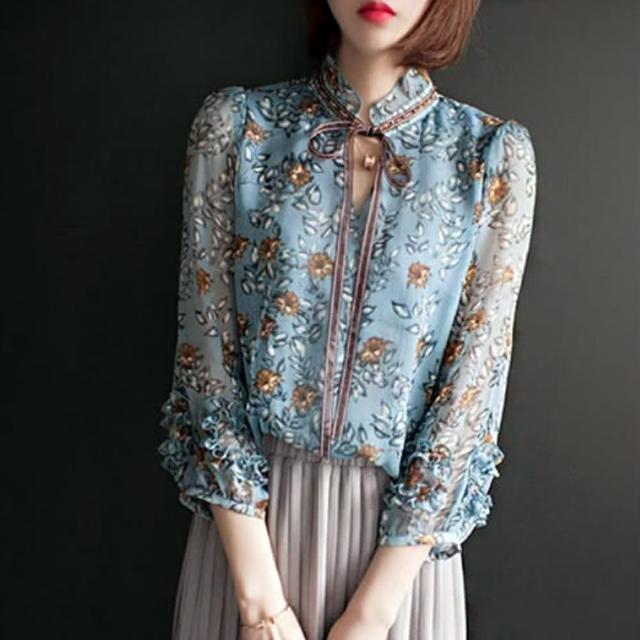 【Amay Style 艾美時尚】中大尺碼女裝 上衣 古典氣質款碎花雪紡衫。S-3XL(2色.現貨+預購)