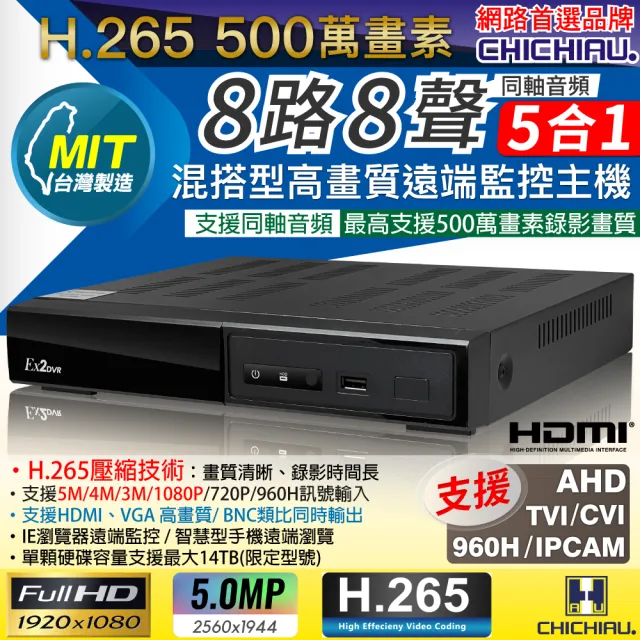 【CHICHIAU】H.265 5MP 8路8聲同軸音頻 1080P五合一混搭型數位遠端網路監控錄影主機