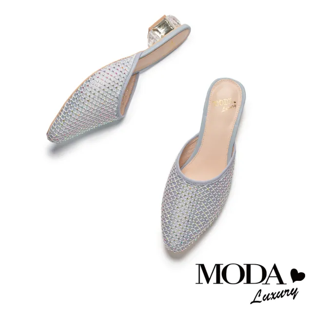 【MODA Luxury】別致時髦異材質堆疊穆勒低跟拖鞋(藍)