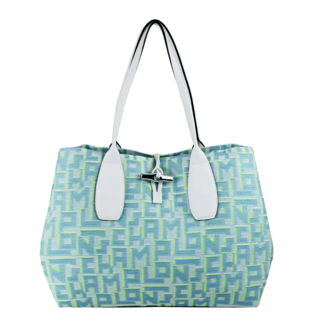 【LONGCHAMP】ROSEAU系列竹節LGP滿版刺繡帆布托特包(特大/藍)