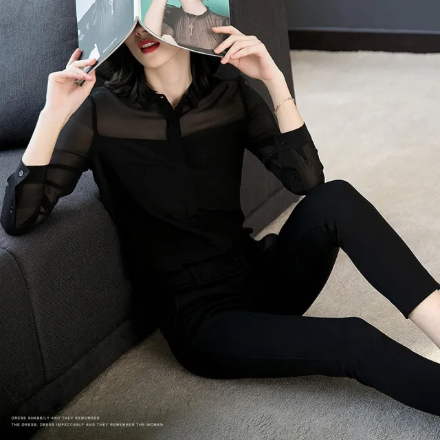 【畢綠珈】BRIGA SILK S1105 S1105設計師漏鎖骨氣質襯衣黑色真絲襯衫女長袖顯瘦(S1105)