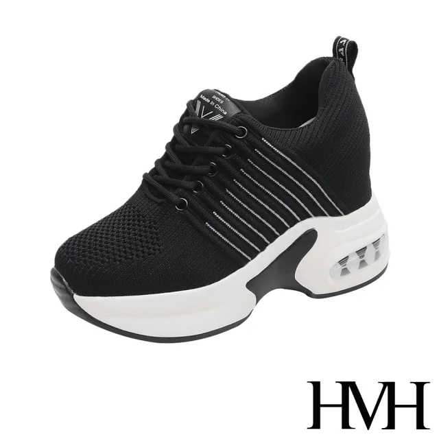 【HMH】時尚立體飛織撞色線條氣墊厚底內增高休閒鞋(黑)