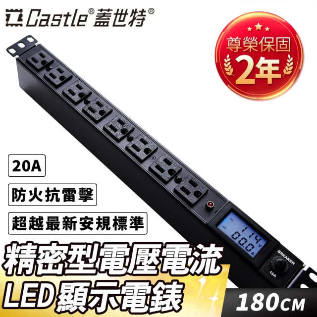 【Castle 蓋世特】8插 機櫃專用 鋁合金防突波電源分配插座 延長線 電源線-20A-1.8M(黑)