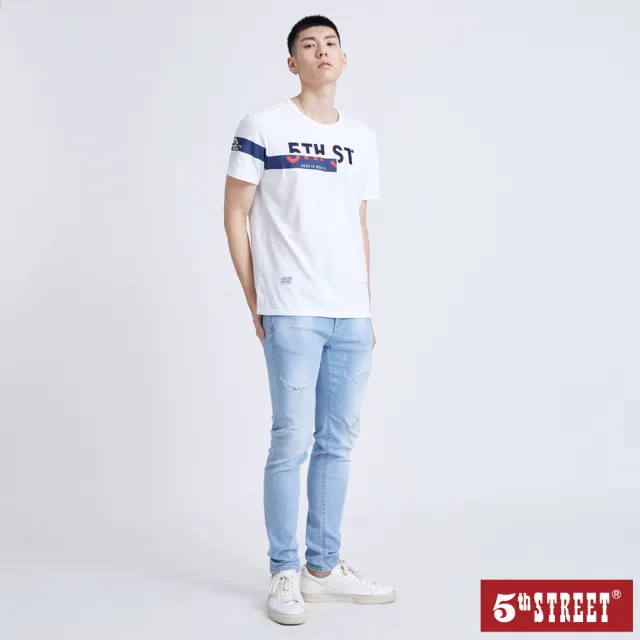 【5th STREET】男超彈刷破窄管褲-拔淺藍