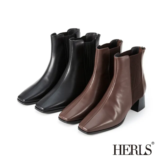 【HERLS】短靴-全真皮彈力坑條拼接後拉鍊方頭粗跟短靴(黑色)