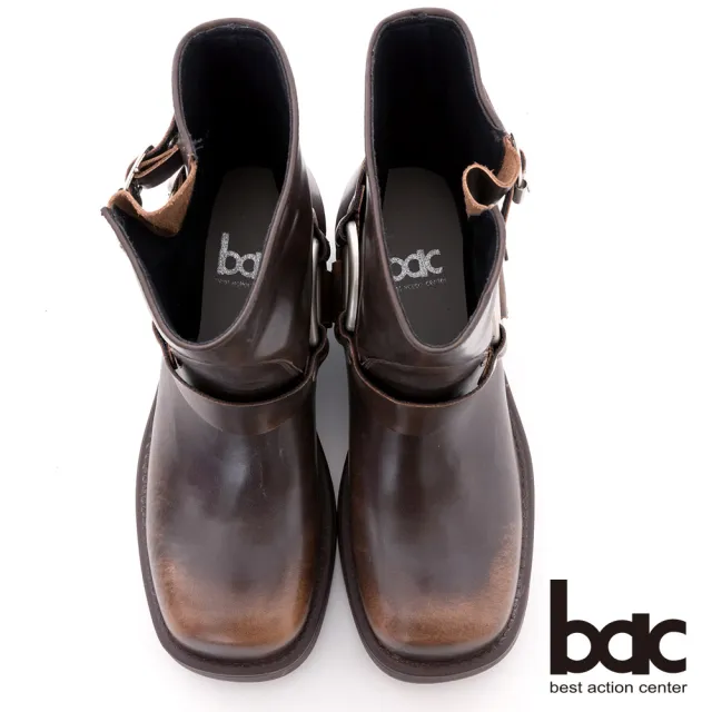 【bac】西部牛仔靴皮帶釦騎士中筒短靴(棕色)