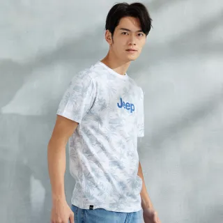 【JEEP】男裝 滿版棕梠葉圖騰純棉短袖T恤(白)