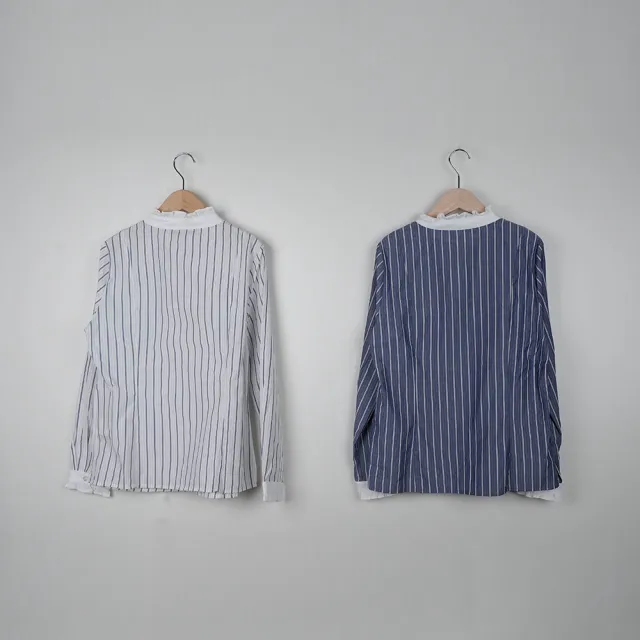【MASTINA】棉質立領荷葉條紋正裝長袖襯衫(藍 白/魅力商品)