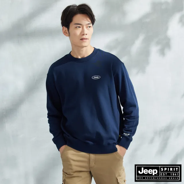 【JEEP】男裝 吉普車圖騰純棉百搭長袖T恤(深藍)