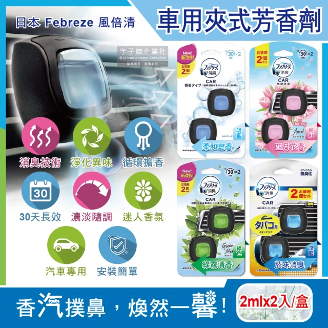 日本風倍清Febreze 汽車空調出風口專用W消臭香氛夾式空氣芳香劑2ml(2入/盒 濃淡可調)