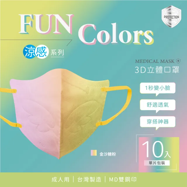 【HC浩城-Fun Colors-漸層款 10片/盒-單片包裝】3D涼感口罩 KN95(1秒變小臉 台灣製造 醫療級)