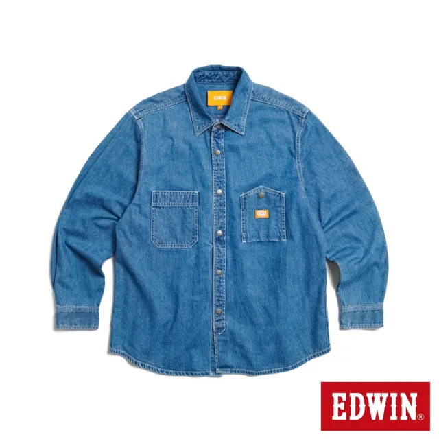 【EDWIN】男裝 橘標 寬版厚磅牛仔長袖襯衫(石洗藍)