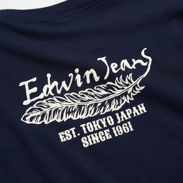 【EDWIN】男裝 厚磅口袋長羽毛造型長袖T恤(丈青色)