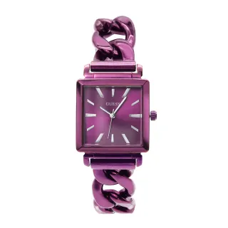 【GUESS】紫色系 時尚方型 牛仔鍊式不鏽鋼錶帶 手錶 女錶 母親節(W1029L4)