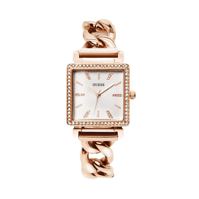 GUESSGUESS 白面 玫瑰金殼 晶鑽方型腕錶 牛仔鍊式不鏽鋼錶帶 女錶(W1030L4)