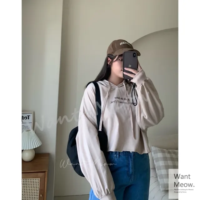【Want-Meow】90公斤可穿/韓系連帽短版束口T(長袖上衣/大學T/連帽/大碼/大尺碼/加大碼)